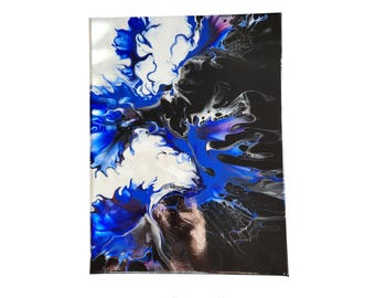 Original Fluid Art Painting 12x9" – Blue Black White Abstract Acrylic Pour, One of a Kind Modern Home Decor, Gift for housewarming, new home