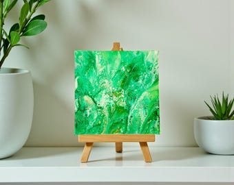 Green & White Abstract Acrylic Pour Art on 4x4 Canvas, Original Fluid Art Mini Painting