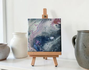 Original Fluid Art Mini Painting on 4x4 Canvas, Lavender & Blue Abstract Acrylic Pour Art