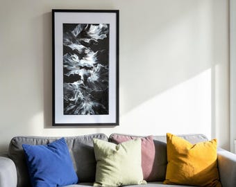 Black & White Fluid Art Abstract Painting, 20" x 10" Modern Acrylic Wall Art – One-of-a-Kind Home Decor