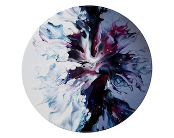 12" Inch Round Original Fluid Art Painting – Blue Magenta Black White Abstract – One of a Kind Modern Home Decor