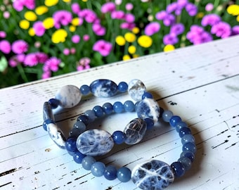 Blue Aventurine & Lapis Lazuli Beaded Bracelet Set, Handcrafted Artisan gift for her or him