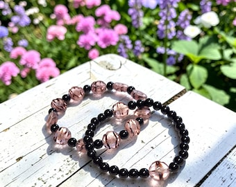 Pale Pink & Black Beaded Bracelet Set with Czech Glass and Black Obsidian Beads, Handcrafted unique gift for her