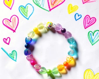 Rainbow Heart Kid's Beaded Bracelet, Colorful Handcrafted Children’s Jewelry Gift, Stocking Stuffer present for girls