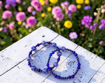 Blue/Purple Indigo Chalcedony Beaded Bracelet Set with Flower Beads,  Handcrafted  Jewelry Gift for Her