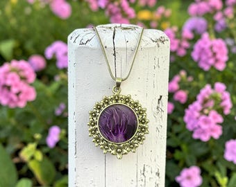 Purple Fluid Art Pendant Necklace in a Floral Setting on 16 Inch Chain, Handcrafted Jewelry gift for her
