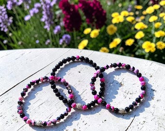 Pink & Black Bracelet Set, Stackable Boho Jewelry | Crystal Bracelet Gift