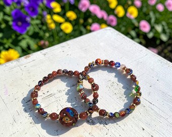 Brown Sandstone Bracelet Set with Natural Sandstone & Multi-Gemstone Colorful Composite Beads, Handcrafted Gift