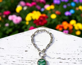 Charm Bracelet with Handcrafted Green and White Fluid Art Charm, Silver Tone Toggle Bracelet