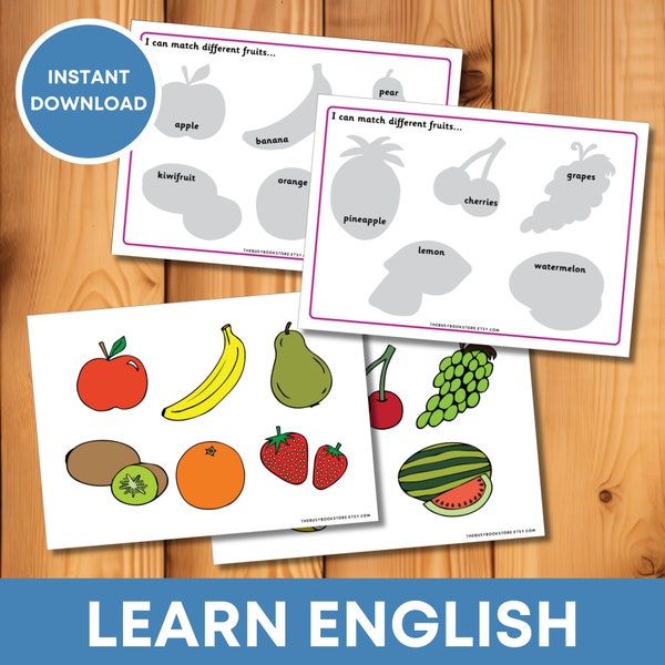 Learn English beginner activity page, fruit matching activity, Busy Binder pages, Learning file, Montessori toddler activity, ESL English