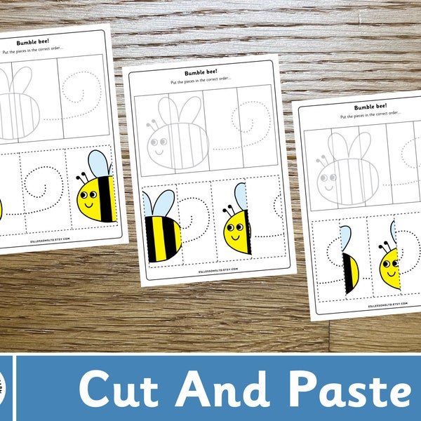 Bees cut and paste activity page/worksheet.   Montessori Bees activity. Scissor skills printable. Summer cut and paste pre-school activity