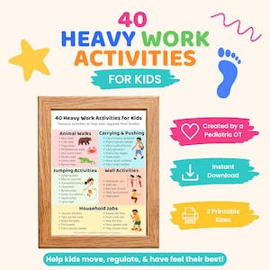Può includere: Un poster educativo incorniciato intitolato 40 Heavy Work Activities for Kids, che presenta elenchi categorizzati di attività fisiche come camminate animali, salti e lavori domestici, accompagnati da illustrazioni di bambini che eseguono questi movimenti.