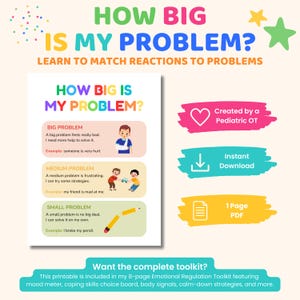 Op de afbeelding: Een printbare educatieve kaart getiteld How Big Is My Problem? met drie kleurgecodeerde secties voor grote, middelgrote en kleine problemen, geïllustreerd met een gewond kind, ruziënde kinderen en een gebroken potlood.