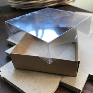 100pc 8x8x3cm box with removable plastic window lid/small kraft boxes with clear lids/ mini square box for soap jewelry/ wedding gift boxes