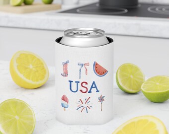USA 250th patriotic icons Can Cooler | Fourth of July watermelon, fireworks, popsicle