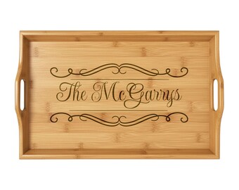 Personalizable Engraved Monogram Script Serving Tray | Bamboo Serving Tray