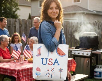 USA 250th Watercolor Icons Tote | Fourth of July Patriotic Fireworks Watermelon