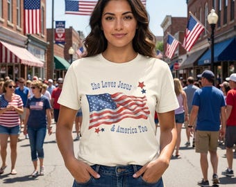 American Girl Fourth of July She Loves Jesus & America Too T-Shirt | American Flag Christian Patriotic Tee