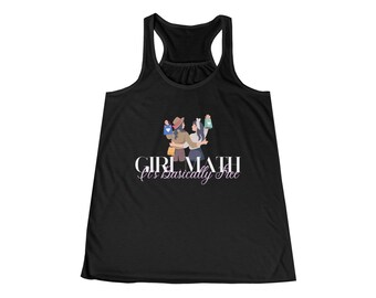 May include: Black tank top with a graphic of two women holding shopping bags and the text "Girl Math It's Basically Free" in white and pink.