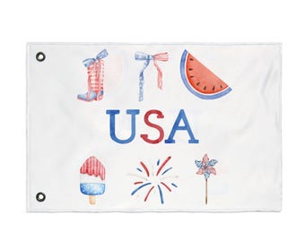 250th July 4th Patriotic USA Watercolor Icons Double Sided Flag | 4th of July Summer Decor