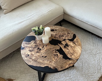 Table basse en bois d'olivier et résine époxy, meubles, intérieur moderne, décorations pour la maison, élément de la nature, fait main