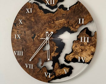 Horloge en bois d'olivier et résine époxy, décoration intérieure, style loft, horloge murale en bois, cadeau, fait main