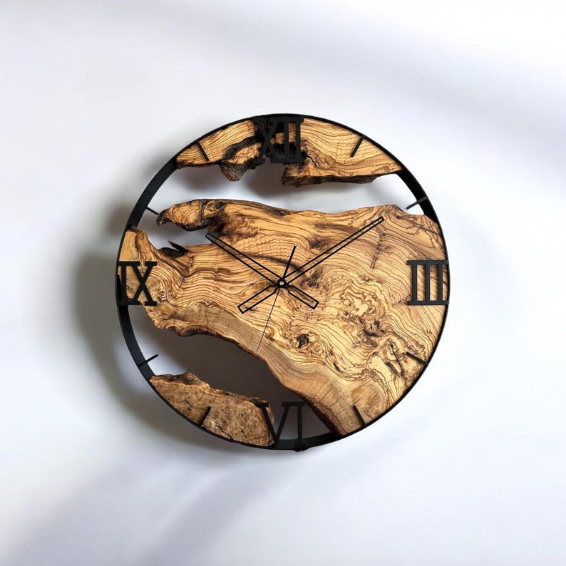 Clock made of olive wood, home decor, loft style, wooden wall clock, gift, handmade