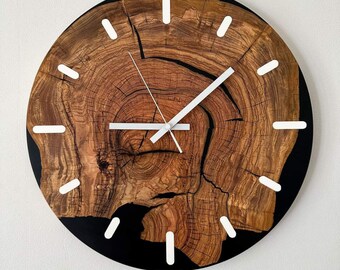 Clock made of olive wood and epoxy resin, home decor, loft style, wooden wall clock, gift, handmade