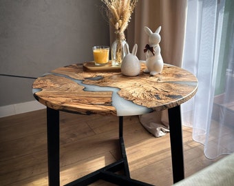 Table basse en bois d'olivier et résine époxy, meubles, intérieur moderne, décorations pour la maison, élément de la nature, fait main