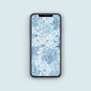 Blue Floral iPhone Wallpaper, Watercolor Flower Background (Digital Download)