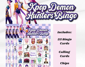 Kpop Demon Hunter Bingo, Kpop Demon Hunter Bingo Party Game, Kpop Demon Hunter Printable Bingo, Huntrix Bingo, Saja Boys Printable Bingo