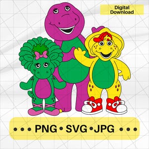 Op de afbeelding: Digitale downloadafbeelding met drie cartoon dinosaurussen in paars, groen en geel. De afbeelding bevat de tekst "PNG SVG JPG" op een gele banner en "Digitale download" in de rechterbovenhoek.