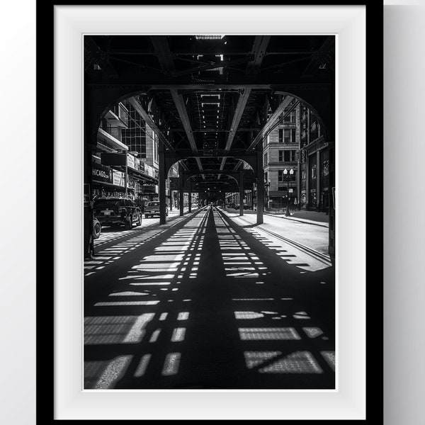 Chicago Photography | Chicago Wall Art | Christmas Gift | Chicago El Tracks Shadows | Chicago Art | Photo Print | Black and White Print