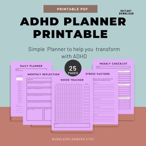 Printable ADHD Productivity Journal, ADHD Planner Adult, Digital Adhd Life Planner, ADHD Journal, Ultimate Adhd Organizer Pdf Purple DHQ009