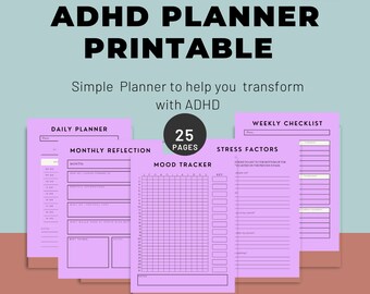Diario de productividad de TDAH imprimible, Planificador de TDAH para adultos, Planificador de vida digital de TDAH, Diario de TDAH, Organizador definitivo de TDAH Pdf Purple DHQ009