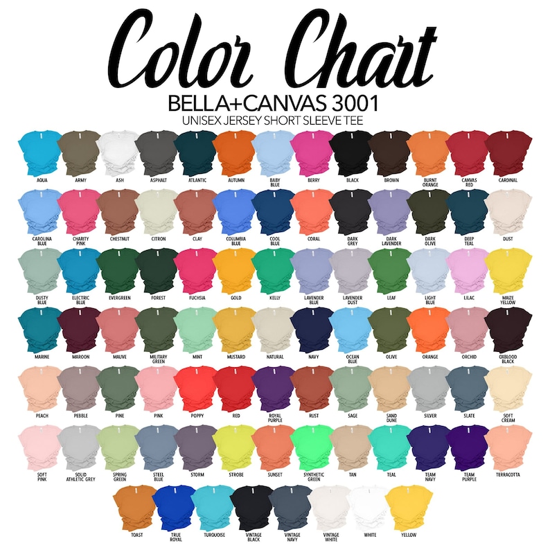 以下が含まれることがあります： Bella + Canvas 3001 ユニセックスジャージー半袖Tシャツの64色のカラーチャート。色は行と列に配置され、各色は小さなTシャツで表されています。