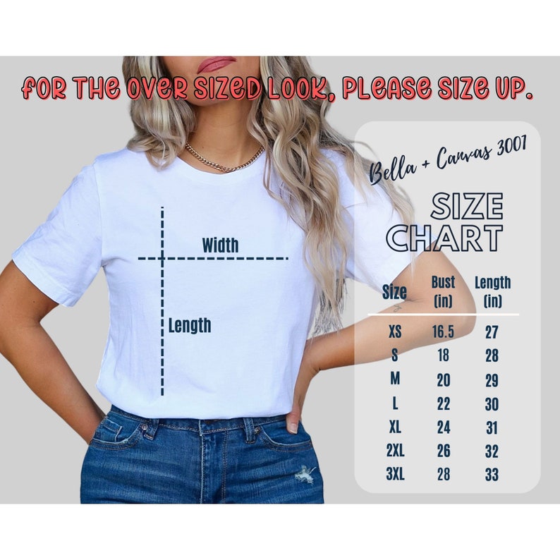 以下が含まれることがあります： 幅と長さの寸法が記載された白いTシャツのサイズ表。表には、XSから3XLまでのサイズが記載されており、バストと着丈の寸法はインチで表示されています。