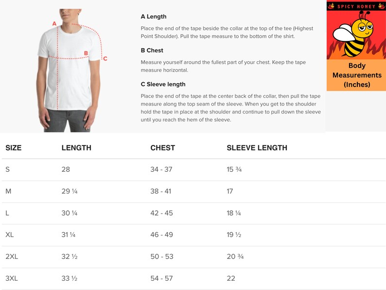 K&ouml;nnte beinhalten: Gr&ouml;&szlig;entabelle f&uuml;r ein T-Shirt mit Ma&szlig;en in Zoll f&uuml;r L&auml;nge, Brustumfang und &Auml;rmell&auml;nge. Die Gr&ouml;&szlig;en reichen von S bis 3XL.