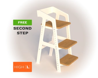 High Counter growing chair OAK and MDF, Montessori furniture kid chair, wood high chair for kids -  RASTUSIK [L] High / White