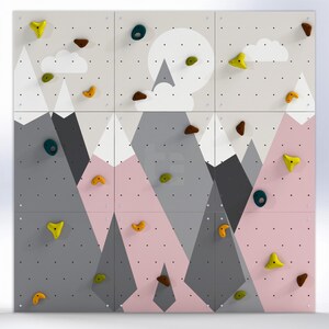 Kletterwand für Kinder – Indoor-Spielwand aus Fels fürs Kinderzimmer | Buntes Bergmotiv, individuell gefertigt, inklusive Klettergriffe mountains / pink