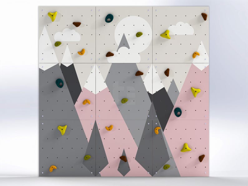 Kletterwand für Kinder – Indoor-Spielwand aus Fels fürs Kinderzimmer | Buntes Bergmotiv, individuell gefertigt, inklusive Klettergriffe mountains / pink