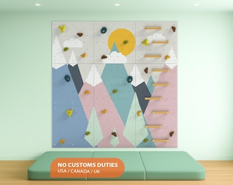 Kids Climbing Wall – Rock Indoor Play Wall for Kids Room  | Colorful Mountains design, Custom made, Climbing Holds included
