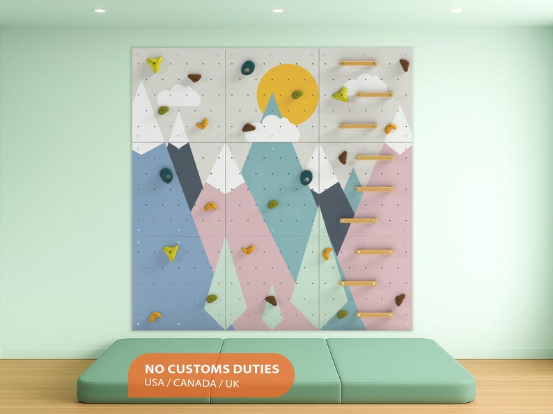 Kletterwand für Kinder – Indoor-Spielwand aus Fels fürs Kinderzimmer | Buntes Bergmotiv, individuell gefertigt, inklusive Klettergriffe Bild 1