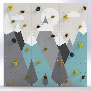 Kletterwand für Kinder – Indoor-Spielwand aus Fels fürs Kinderzimmer | Buntes Bergmotiv, individuell gefertigt, inklusive Klettergriffe mountains / green
