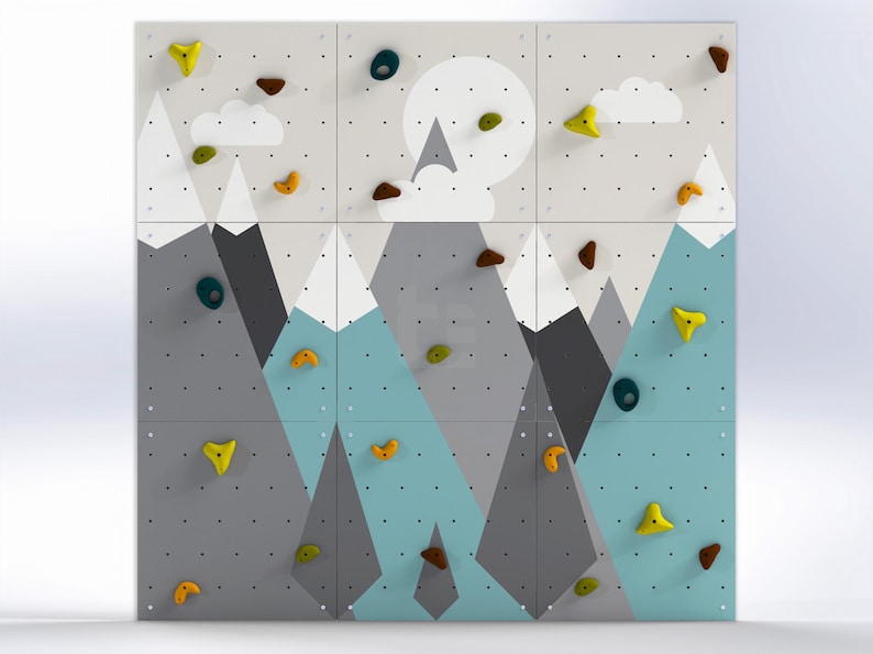Kletterwand für Kinder – Indoor-Spielwand aus Fels fürs Kinderzimmer | Buntes Bergmotiv, individuell gefertigt, inklusive Klettergriffe mountains / green