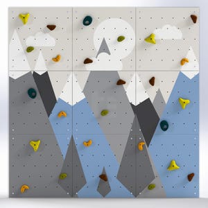 Kletterwand für Kinder – Indoor-Spielwand aus Fels fürs Kinderzimmer | Buntes Bergmotiv, individuell gefertigt, inklusive Klettergriffe mountains / blue