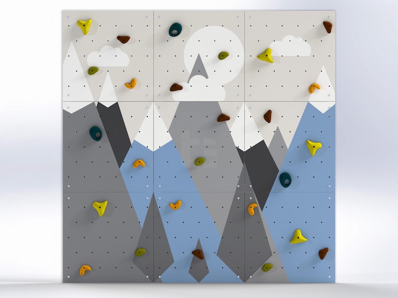 Kletterwand für Kinder – Indoor-Spielwand aus Fels fürs Kinderzimmer | Buntes Bergmotiv, individuell gefertigt, inklusive Klettergriffe mountains / blue
