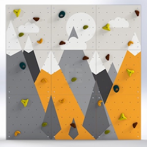 Kletterwand für Kinder – Indoor-Spielwand aus Fels fürs Kinderzimmer | Buntes Bergmotiv, individuell gefertigt, inklusive Klettergriffe mountains / yellow