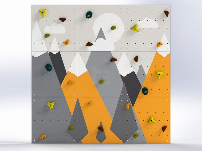 Kletterwand für Kinder – Indoor-Spielwand aus Fels fürs Kinderzimmer | Buntes Bergmotiv, individuell gefertigt, inklusive Klettergriffe mountains / yellow