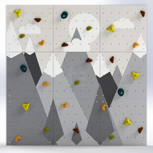 Kletterwand für Kinder – Indoor-Spielwand aus Fels fürs Kinderzimmer | Buntes Bergmotiv, individuell gefertigt, inklusive Klettergriffe mountains / grey